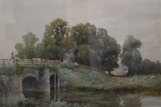 E* Duncan (1808-1882) Drover crossing a bridge 35 x 52cm